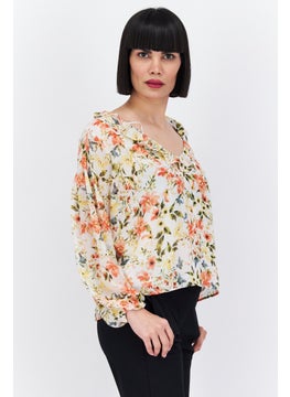 1 State Women V-Neck Long Sleeve Floral Print Blouse, Ivory Combo  - Image 2