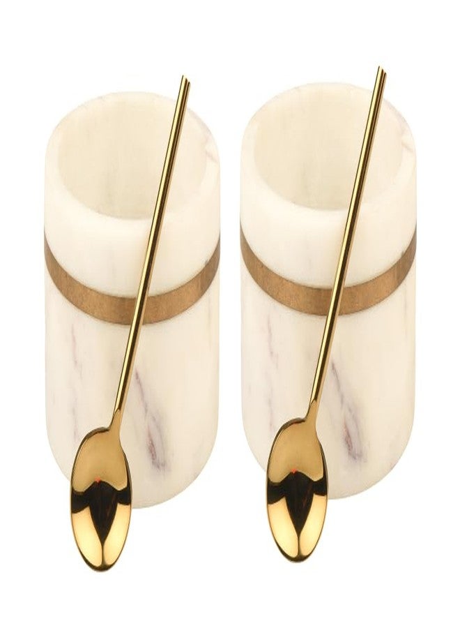 Cruiser’s Cache Cruiser’s Caché Set of 2 White and Gold Marble Salt and Spice Cellars, Dipping Bowls with Gold Serving Spoons - Image 1
