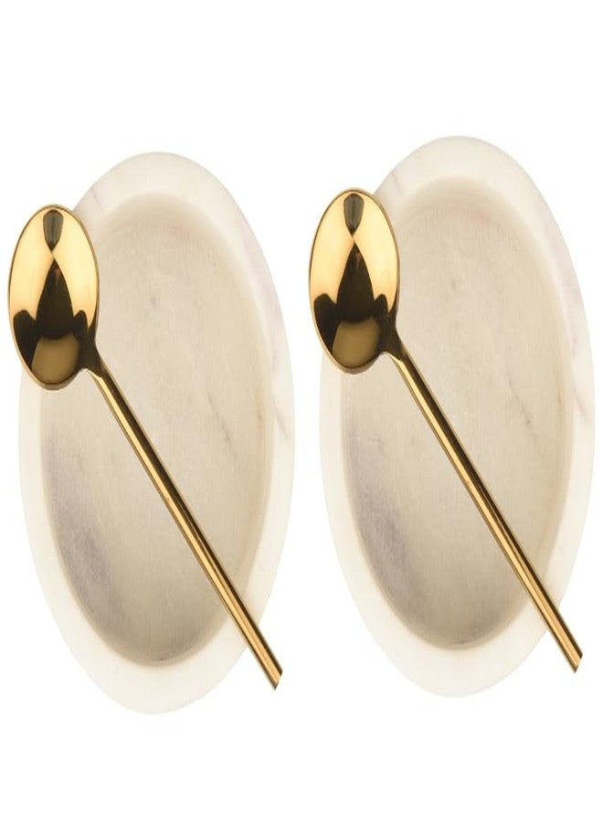 Cruiser’s Cache Cruiser’s Caché Set of 2 White and Gold Marble Salt and Spice Cellars, Dipping Bowls with Gold Serving Spoons - Image 4
