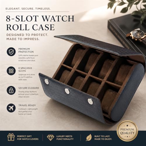 essart 8-Slot Travel Watch Organizer – Elegant PU Leather Watch Roll for Collectors, Scratch-Proof & Portable Storage Watch roll case for men & women - Image 3