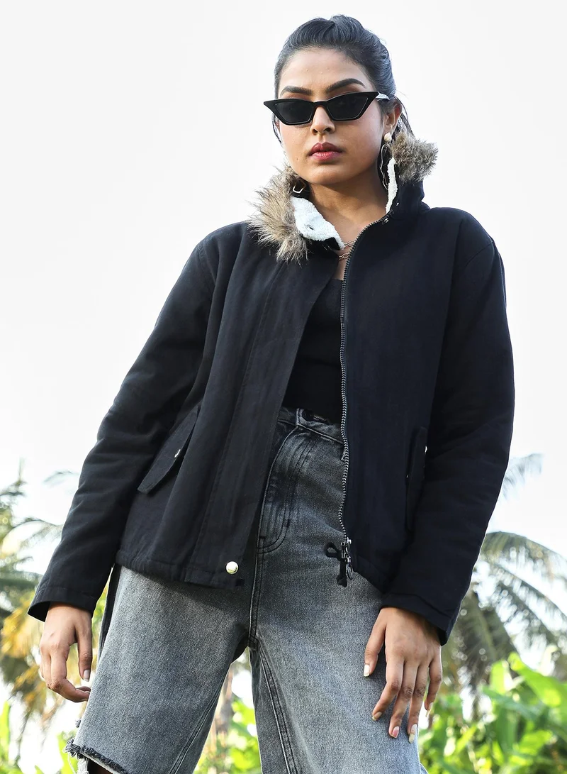 Campus Sutra Women's Black Zip-Front Jacket With Fur Details For Casual Wear | High Neck  | Long Sleeve | Button Closure | Polyester Jacket Crafted With Comfort Fit For Everyday Wear