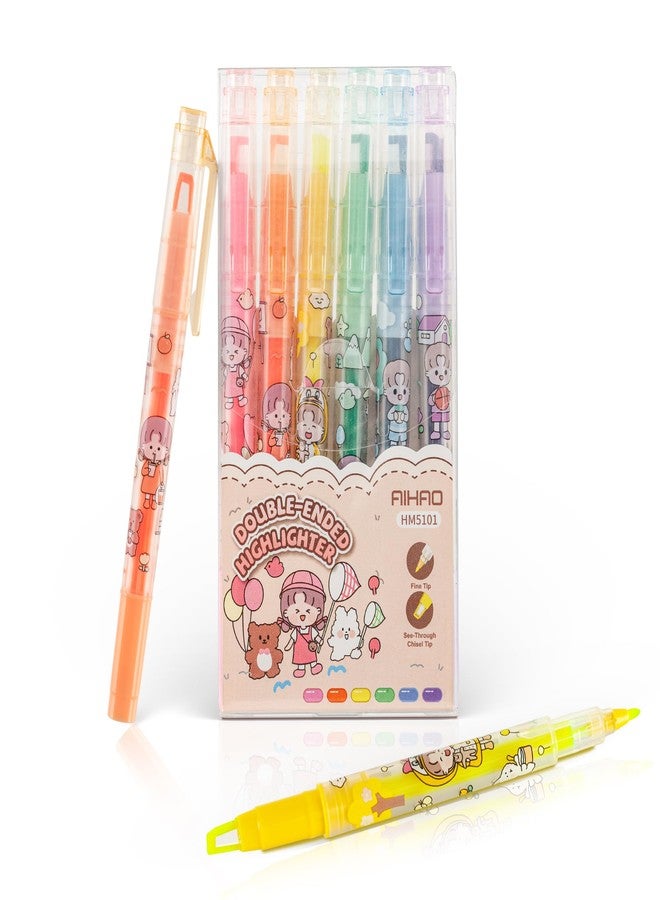 أيهاو أقلام تحديد شفافة برأسين، عبوة من 6 ألوان متنوعة - رؤوس شفافة رفيعة وأخرى مشطوفة، مجموعة أقلام تحديد دقيقة - Image 1