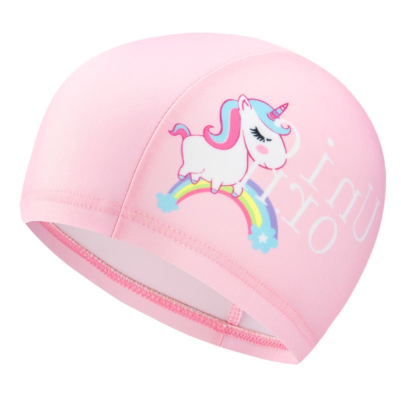 Generic Pressure-Free Swimming Cap For Children Long And Short Hair Cute Cartoon Design Unisex Baby Pool Cap Comfortable Fabric Rainbow Unicorn 