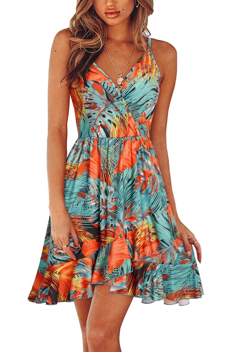 ULTRANICE Womens Summer Dress 2025 Casual Sundresses Spring Fashion Trendy Sun Dress Floral Flowy Wrap Beach Vacation Outfits V Neck Spaghetti Strap Dresses(Green Orange Abstract Floral,M) - Image 1