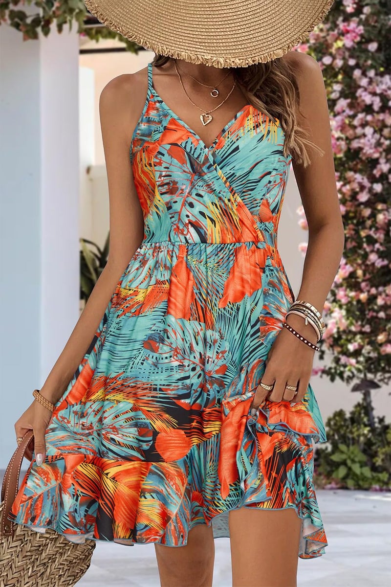 ULTRANICE Womens Summer Dress 2025 Casual Sundresses Spring Fashion Trendy Sun Dress Floral Flowy Wrap Beach Vacation Outfits V Neck Spaghetti Strap Dresses(Green Orange Abstract Floral,M) - Image 2