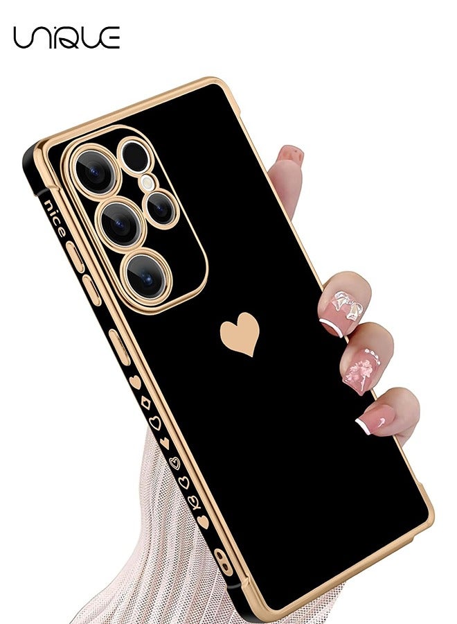 Unique Compatible with Samsung Galaxy S25 Ultra Case - Love Heart Plating Electroplate Luxury Elegant Case Camera Protector Soft TPU Shockproof Protective Back Cover Samsung Galaxy S25 Ultra Case - Black - Image 1
