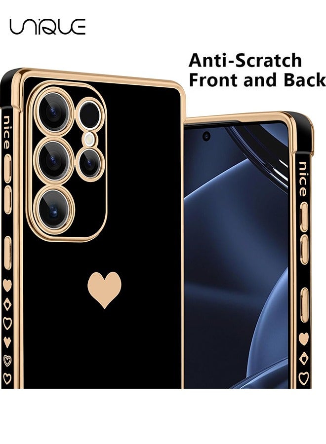 Unique Compatible with Samsung Galaxy S25 Ultra Case - Love Heart Plating Electroplate Luxury Elegant Case Camera Protector Soft TPU Shockproof Protective Back Cover Samsung Galaxy S25 Ultra Case - Black - Image 4