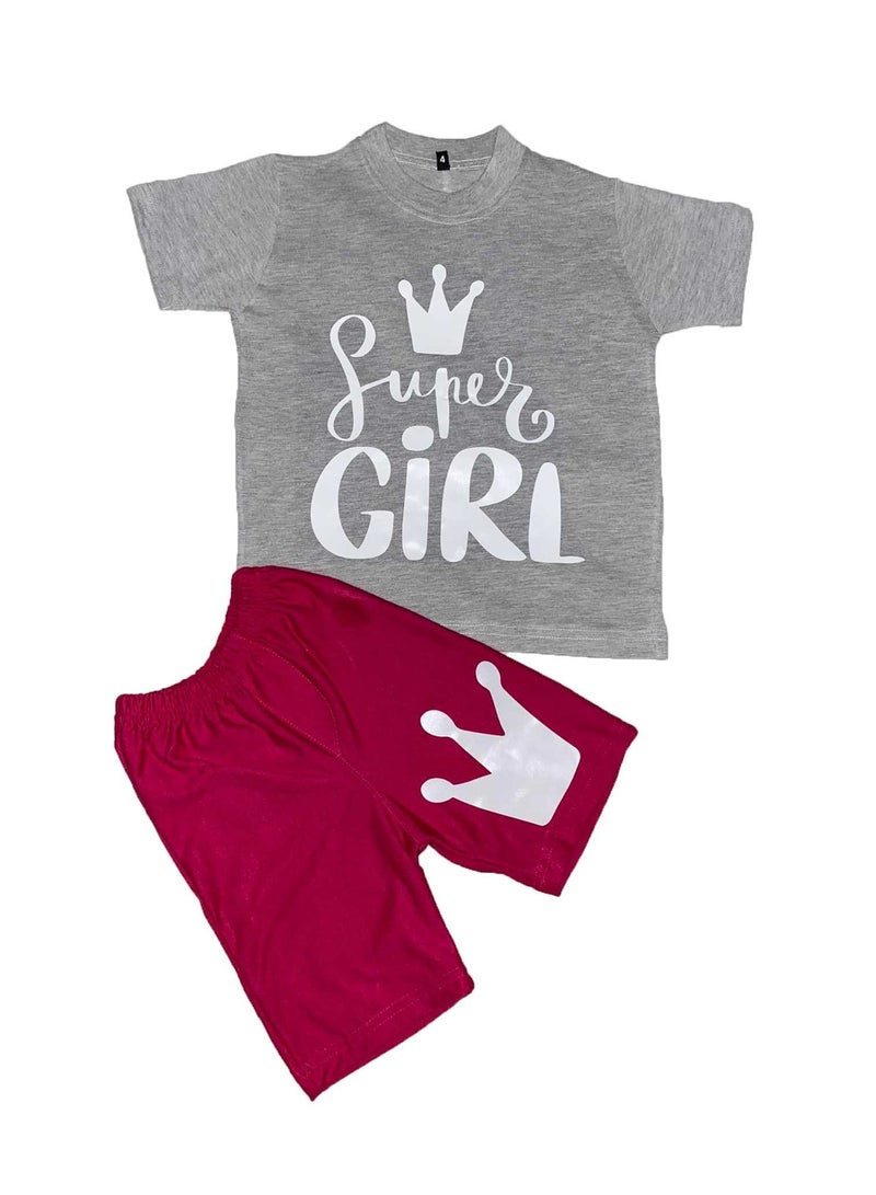 وان هاند بيجاما قطن بناتى صيفى - رمادى & فوشيا - Image 1