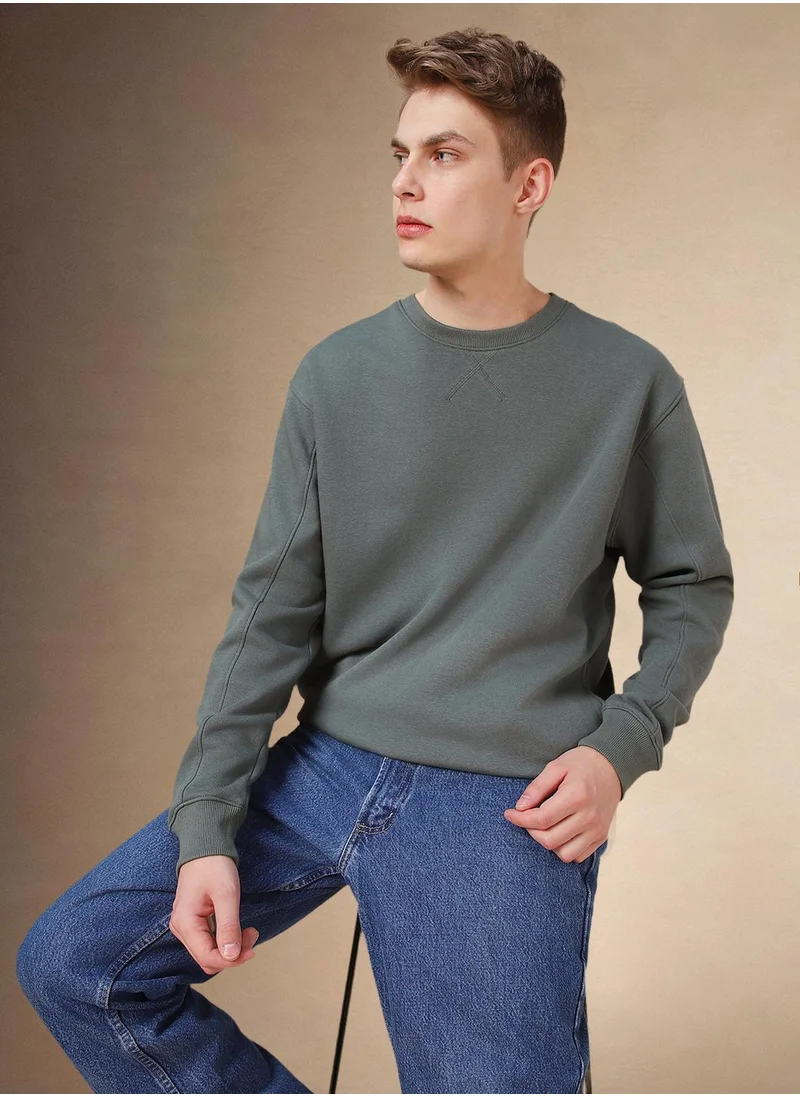 دينيس لينغو Men's Olive Polyester Blend Solid Regular Fit Sweatshirt