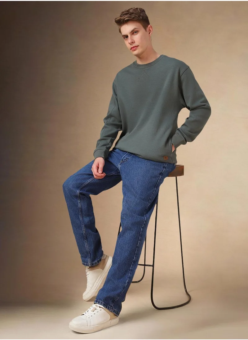 Dennis Lingo Men's Olive Polyester Blend Solid Regular Fit Sweatshirt