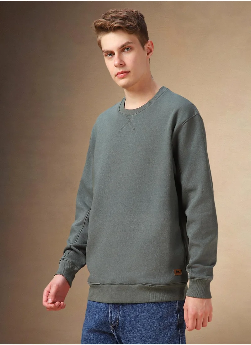 دينيس لينغو Men's Olive Polyester Blend Solid Regular Fit Sweatshirt