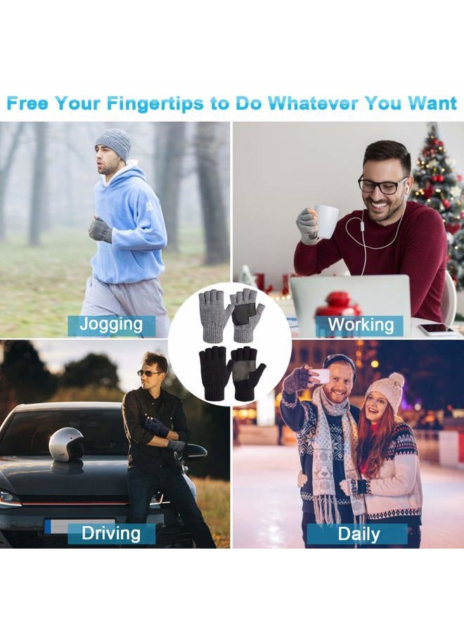 MAYLISACC Winter 2 Pairs Knit Fingerless Gloves Half Finger for Men with Leather Grip for Texting Typing (Black & Grey), Black&grey-2 Pair, One size - Image 5