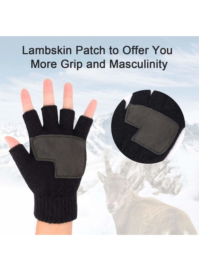 MAYLISACC Winter 2 Pairs Knit Fingerless Gloves Half Finger for Men with Leather Grip for Texting Typing (Black & Grey), Black&grey-2 Pair, One size - Image 3