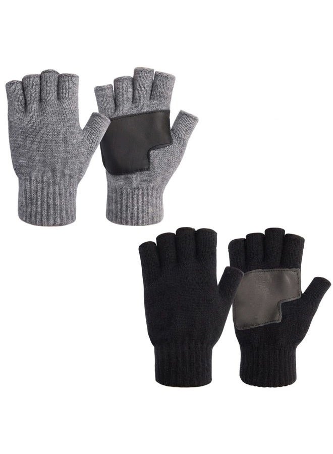 MAYLISACC Winter 2 Pairs Knit Fingerless Gloves Half Finger for Men with Leather Grip for Texting Typing (Black & Grey), Black&grey-2 Pair, One size - Image 1