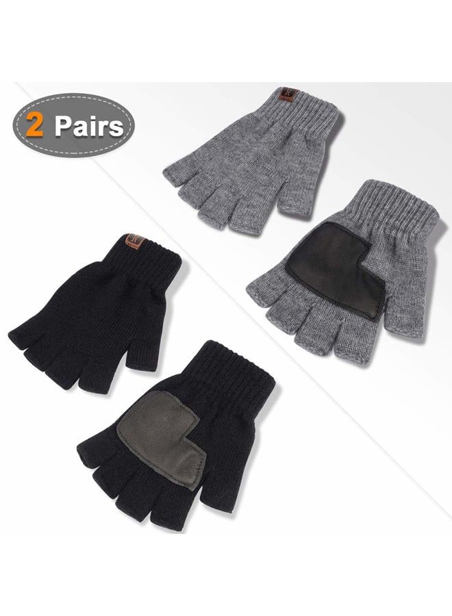 MAYLISACC Winter 2 Pairs Knit Fingerless Gloves Half Finger for Men with Leather Grip for Texting Typing (Black & Grey), Black&grey-2 Pair, One size - Image 2