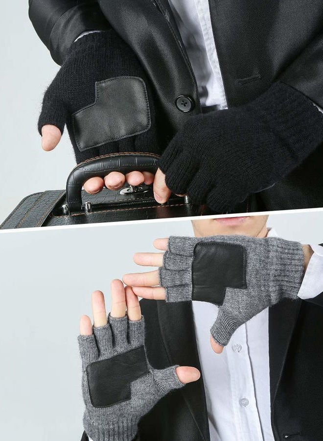 MAYLISACC Winter 2 Pairs Knit Fingerless Gloves Half Finger for Men with Leather Grip for Texting Typing (Black & Grey), Black&grey-2 Pair, One size - Image 4