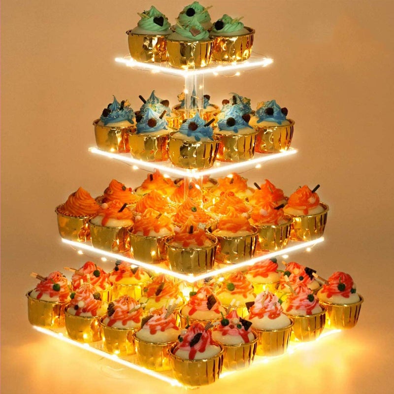 YestBuy 4 Tier Cupcake Stand Acrylic Tower Display with LED Light Premium Holder Dessert Tree Tower for Birthday Cady Bar Dcor Weddings Parties Events Yellow Light