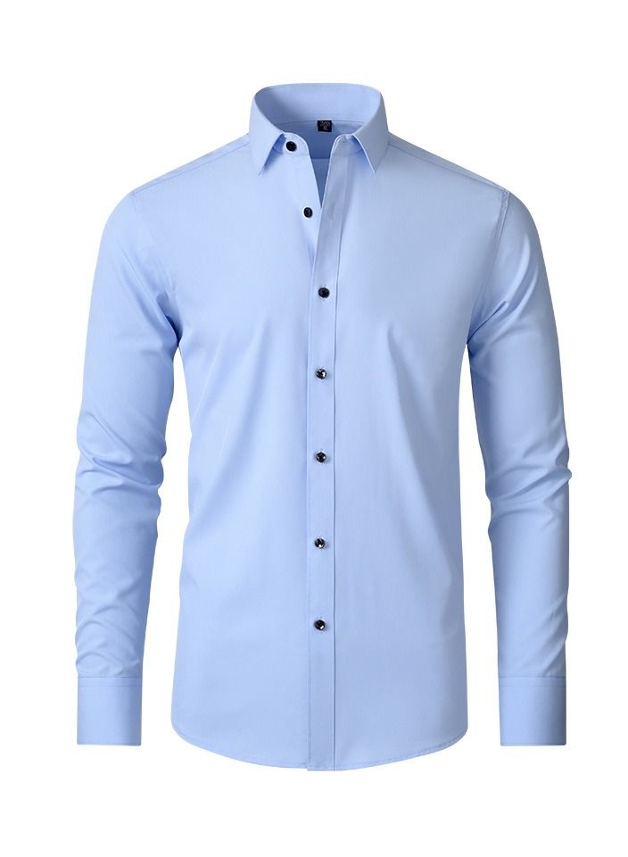 Loquat Stretch Non-Iron Anti-Wrinkle Shirt Men Long Sleeve Button Wrinkle Free Slim Fit Business Shirt Light Blue