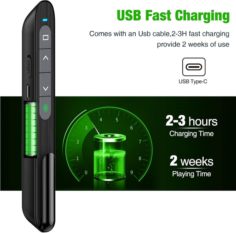 DinoFire USB C Rechargeable Presentation Clicker with Green Light, Remote Clicker for Presentations Wireless Presenter Slide Changer PPT Advancer with Volume Control for Laptop Computer - Image 3
