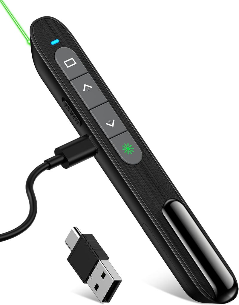 DinoFire USB C Rechargeable Presentation Clicker with Green Light, Remote Clicker for Presentations Wireless Presenter Slide Changer PPT Advancer with Volume Control for Laptop Computer - Image 1