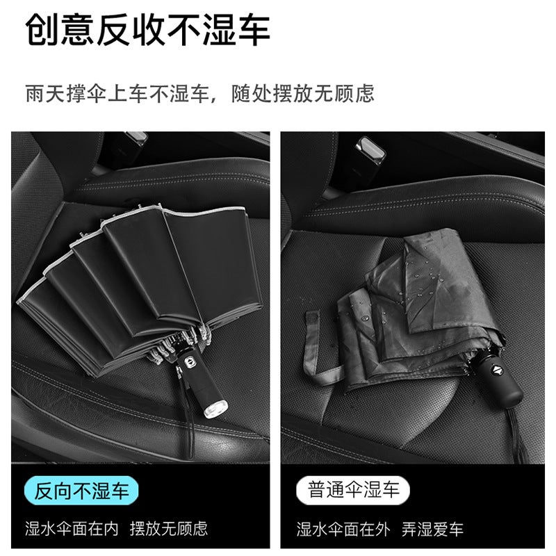 Umbrella automatic reflective led light lighting sunny umbrella with printed logo advertising umbrella three fold reverse umbrella wholesale LED light steering handle 10 bone reverse automatic - Image 4