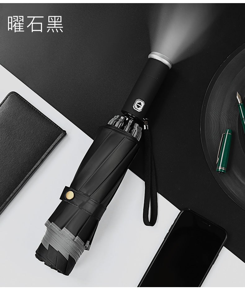Umbrella automatic reflective led light lighting sunny umbrella with printed logo advertising umbrella three fold reverse umbrella wholesale LED light steering handle 10 bone reverse automatic - Image 2