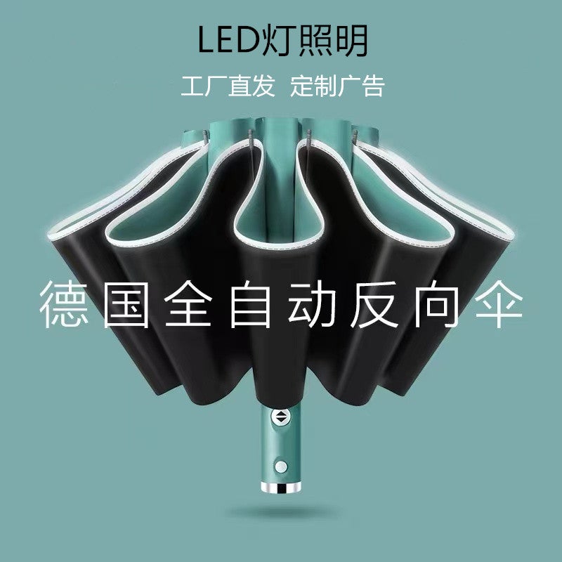 Umbrella automatic reflective led light lighting sunny umbrella with printed logo advertising umbrella three fold reverse umbrella wholesale LED light steering handle 10 bone reverse automatic - Image 3