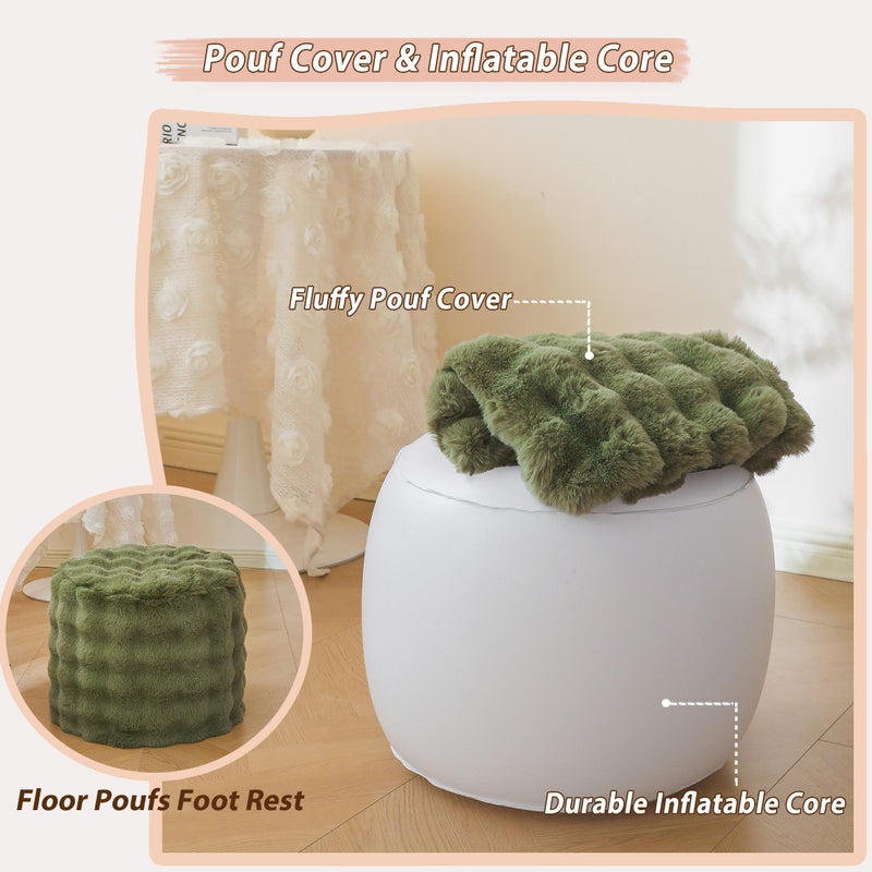 LIFEREVO Faux Rabbit Fur Round Inflatable Pouf Ottoman, 20" X 16" Plush Fuzzy Waffle Bubble Floor Poufs Foot Rest for Living Room Bedroom, Furry Pouf Foot Stool Home Decor, Anti-Slip, Sage Green - Image 2