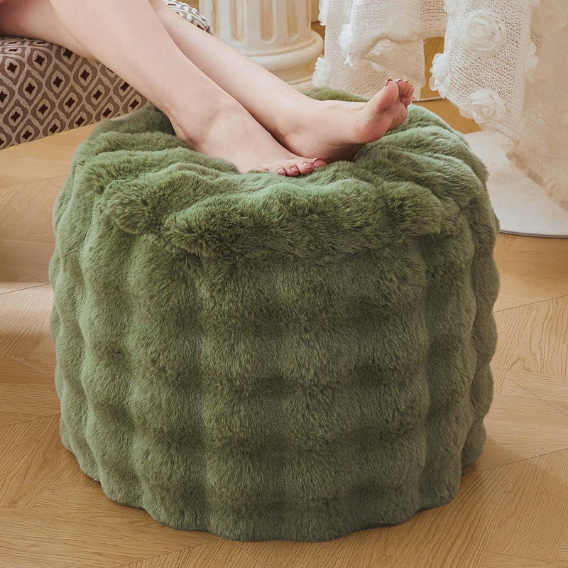 LIFEREVO Faux Rabbit Fur Round Inflatable Pouf Ottoman, 20" X 16" Plush Fuzzy Waffle Bubble Floor Poufs Foot Rest for Living Room Bedroom, Furry Pouf Foot Stool Home Decor, Anti-Slip, Sage Green - Image 1