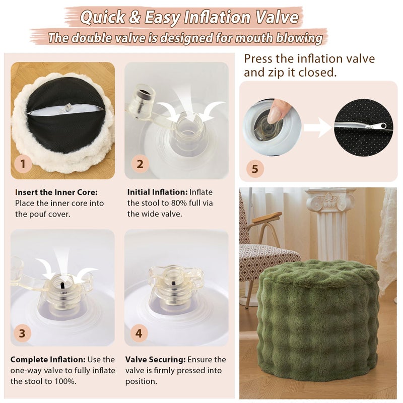 LIFEREVO Faux Rabbit Fur Round Inflatable Pouf Ottoman, 20" X 16" Plush Fuzzy Waffle Bubble Floor Poufs Foot Rest for Living Room Bedroom, Furry Pouf Foot Stool Home Decor, Anti-Slip, Sage Green - Image 5