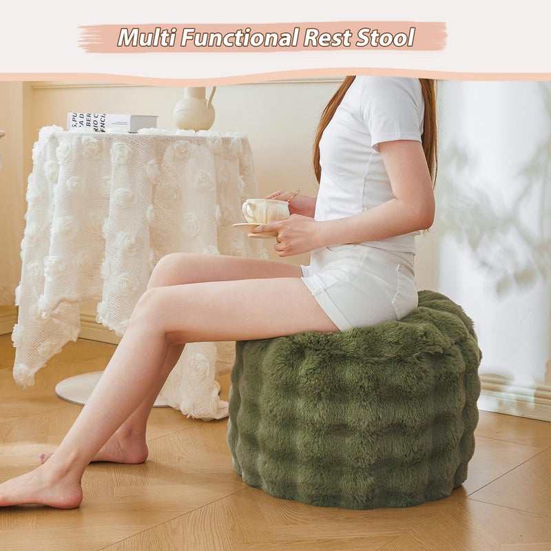 LIFEREVO Faux Rabbit Fur Round Inflatable Pouf Ottoman, 20" X 16" Plush Fuzzy Waffle Bubble Floor Poufs Foot Rest for Living Room Bedroom, Furry Pouf Foot Stool Home Decor, Anti-Slip, Sage Green - Image 4