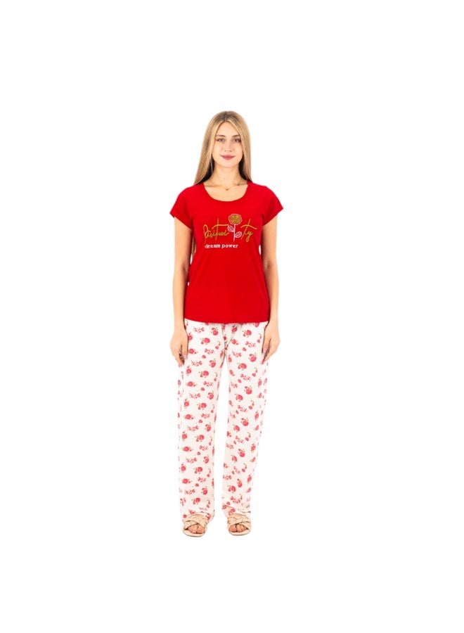 Zecotex Women's 2-Piece Natural Cotton Pajama Set - Red Short Sleeve Top & Floral Print Pants