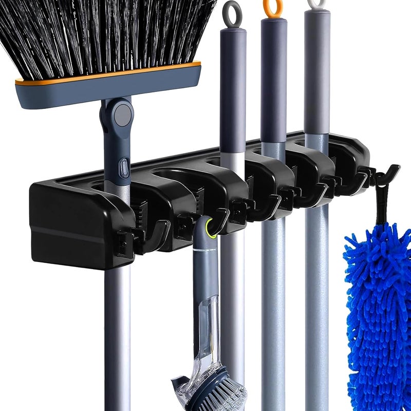OXIOV Wall Mounted Broom and Mop Holder Organizer Stand For Home Garden Garage And Storage 5 Ball Slots Black - Image 1