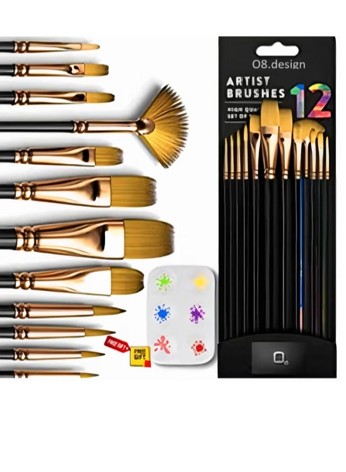 O8.design,Artist Paint Brushes Set,12 Pcs Drawing Brushes for Watercolor Acrylic Painting Nail Art, Body Painting, Face Paint, Rock, Gouache Oil Paint & Fabric Paint with Paint Palette Great For Kids and Adults - Image 1