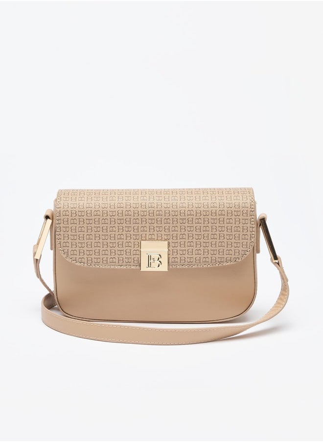 Flora Bella By Shoexpress Logo Print Crossbody Bag with Adjustable Strap and Magnetic Closure  - Image 1