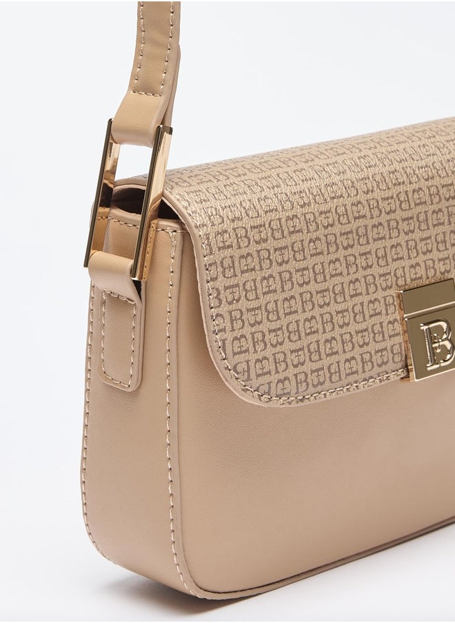Flora Bella By Shoexpress Logo Print Crossbody Bag with Adjustable Strap and Magnetic Closure  - Image 3