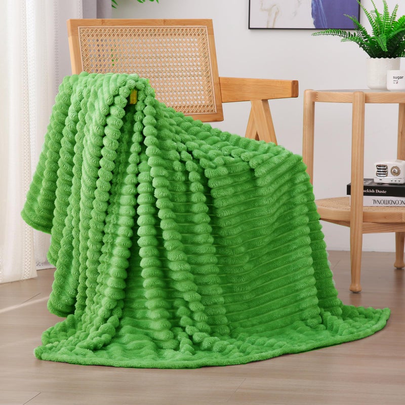 Linecooo Bright Green Fleece Throw Blanket 50â€Ã—60â€ for Couch Sofa Bed,Super Soft Cozy Plush Microfiber Flannel Blanket with Stripes Design Lightweight for Adults,Woman,Girls - Image 1