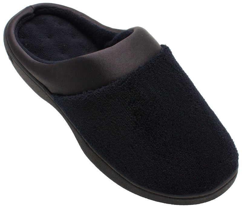 isotoner Women's Indoor/Outdoor Slip-on Terry and Satin Clog Slippers with Memory Foam Comfort , Black, 8.5-9 - Image 1