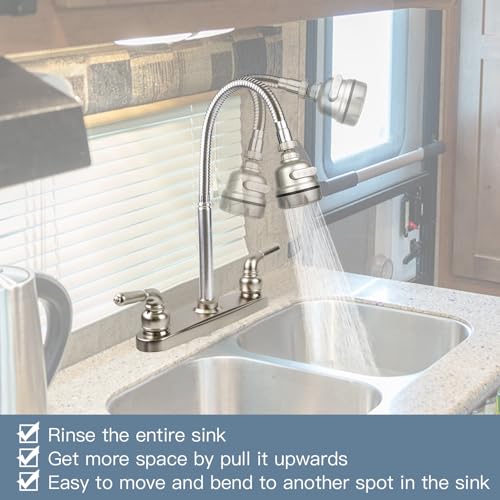 ExcelFu RV Kitchen FaucetCamper Faucet Kitchen Replacement RV Sink Faucets with Flexible Arch 360 Swivel Rotatable Sprayer for CampersTravel TrailersMotorhomes8 inch 2 HoleNonMetallicBrushed Nickel - Image 3