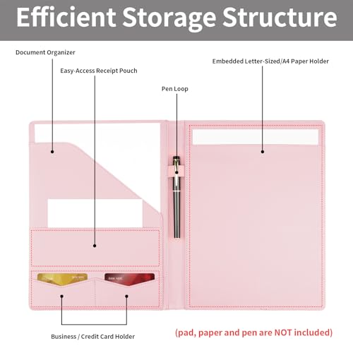 MOWPOG Professional Padfolio Portfolio Binder, Faux Leather Interview Resume Folder, Letter Size A4 Legal Writing Pad Holder, Document Organizer for Business School Office Conference (Pink) - Image 3