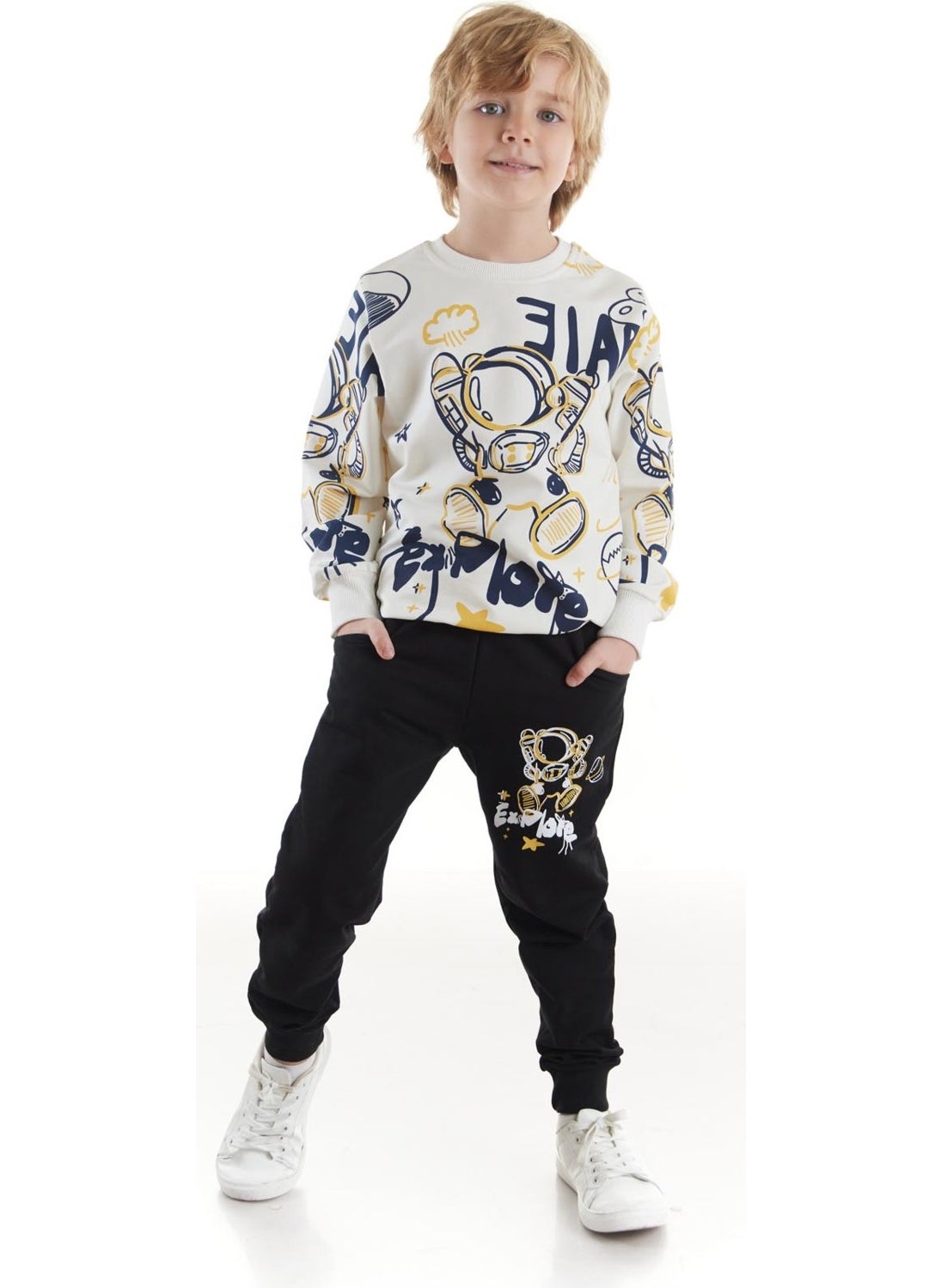 Ahengim - Kids Boys Tracksuit Astronaut Printed Bottom Top Two Piece Set Cotton Seasonal AK2507 - Image 1
