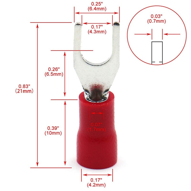 Baomain Fork Spade Terminal Connectors – Insulated, #8 Stud (4.3mm), 22-16 AWG (0.5-1.5mm²), Red, (100-Pack) - Image 2