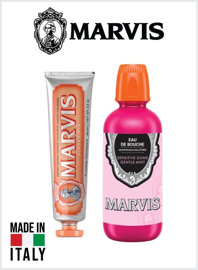 Marvis Oral Care Set – Ginger Mint Fluoride Toothpaste 85ml + Gentle Mint Mouthwash 400ml, Fresh Breath & Daily Gum Care - Image 1