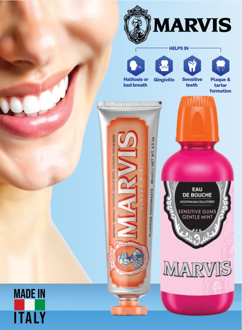 Marvis Oral Care Set – Ginger Mint Fluoride Toothpaste 85ml + Gentle Mint Mouthwash 400ml, Fresh Breath & Daily Gum Care - Image 2
