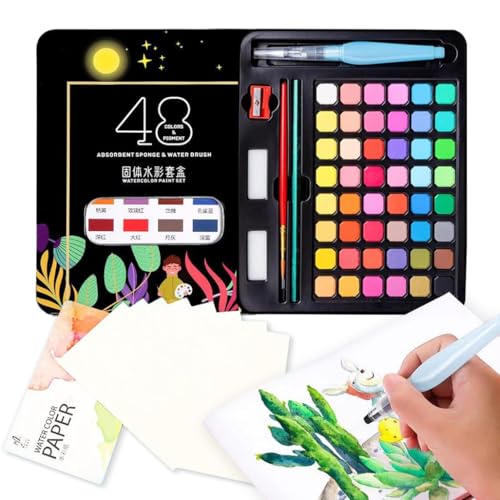 Oligitdi Water Color Cakes Classic Watercolor Paint, 48 Shades Vibrant Color Cakes Watercolor Paint Sets Water Color Pigment School Painting Drawing Art Supplies with Painting Brush (1) - Image 1