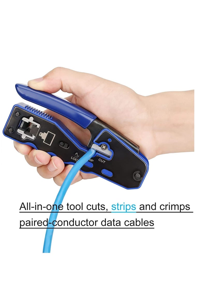 RJ45 Crimp Tool, Kit of RJ45 Crimping Tool, RJ45 Pass Through Crimp Tool with 50 PCS CAT6 Pass Through Connectors, 50 PCS RJ45 Cat6 Protection Covers and Mini Stripping Plier