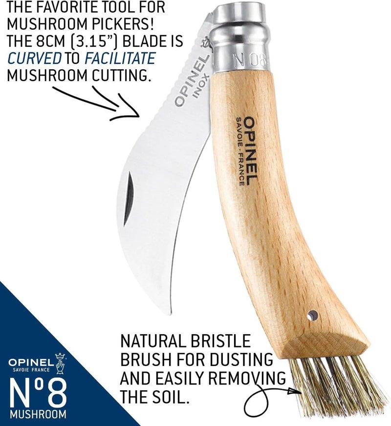 Opinel No. 08 Mushroom Knife – Pick + Clean Mushrooms, Beechwood Handle, Integrated Brush, Curved Sandvik Steel Blade, Made in France - Image 2