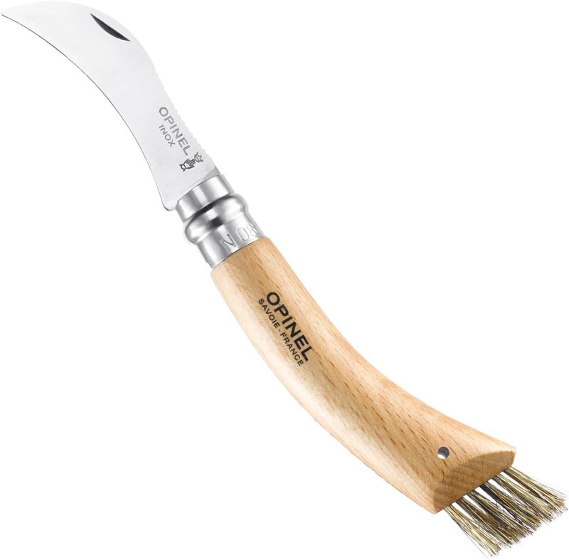 Opinel No. 08 Mushroom Knife – Pick + Clean Mushrooms, Beechwood Handle, Integrated Brush, Curved Sandvik Steel Blade, Made in France - Image 1