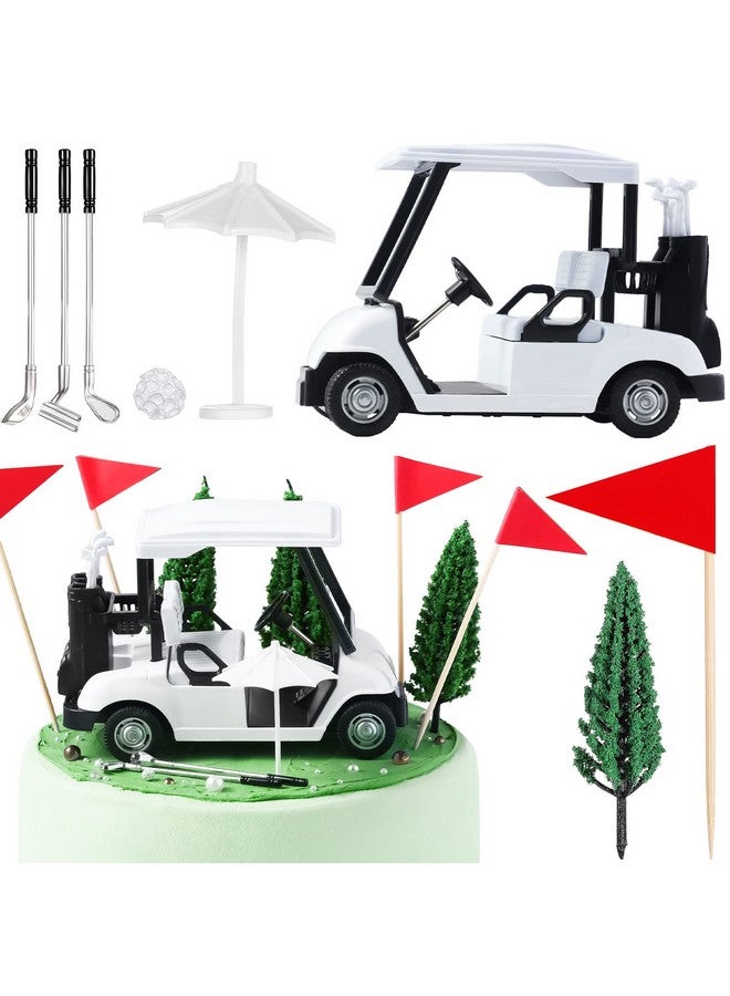 Leitee 21 Pcs Golf Cake Topper Cake Decoration Cupcake Topper Include Mini Cart Red Flag Ball Green Tree Club Sun Umbrella for Golf Themed Birthday(White,Classic) - Image 1