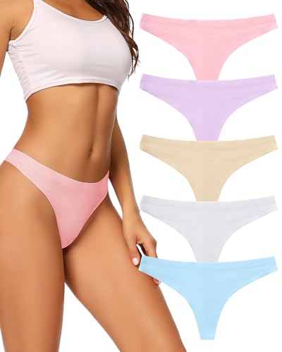 voenxe Seamless Women Underwear Thongs,No Show Ladies Thong,Invisible No Line Breathable Comfortable Panties Undies,Womens No Seam Soft Wide Gusset Tanga,Legging Underpants for Woman 5-Pack - Image 1